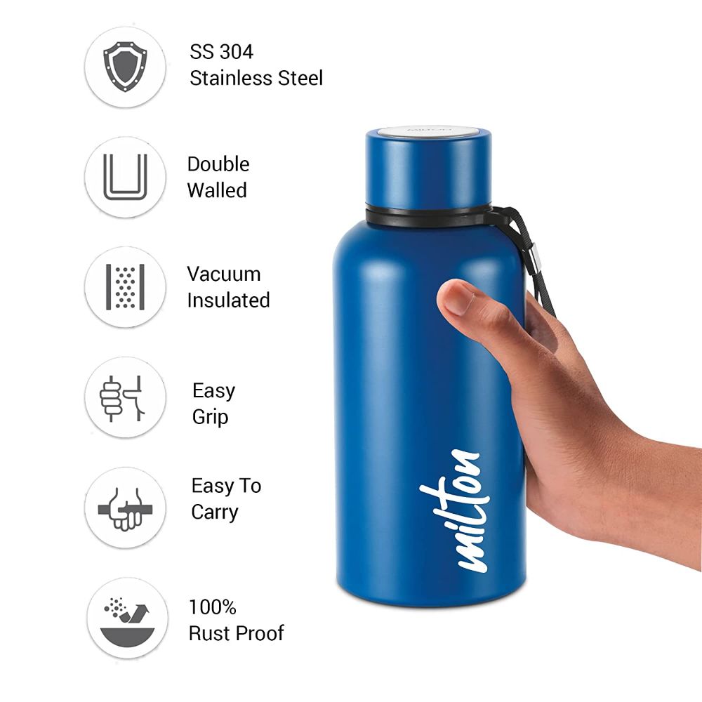 Milton Aura 500 Thermosteel Bottle, 520 ML, Dark Blue | 24 Hours Hot and Cold | Easy to Carry | Rust Proof | Leak Proof | Tea | Coffee | Office| Gym | Home | Kitchen | Hiking | Trekking | Travel Bottle