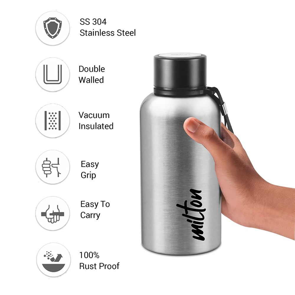 Milton Aura 500 Thermosteel Bottle, 520 ML, Silver | 24 Hours Hot and Cold | Easy to Carry | Rust Proof | Leak Proof | Tea | Coffee | Office| Gym | Home | Kitchen | Hiking | Trekking | Travel Bottle