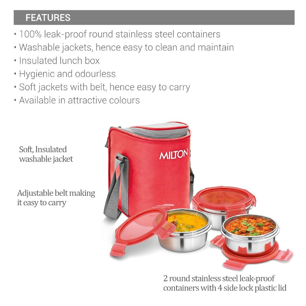 Milton Cube 3 Stainless Steel Tiffin Lunch Box, 300 ml each container, Red