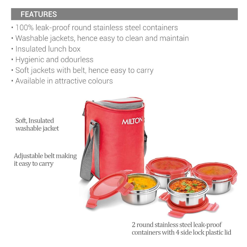 Milton Cube 4 Stainless Steel Tiffin Lunch Box, 300 ml each container, Red
