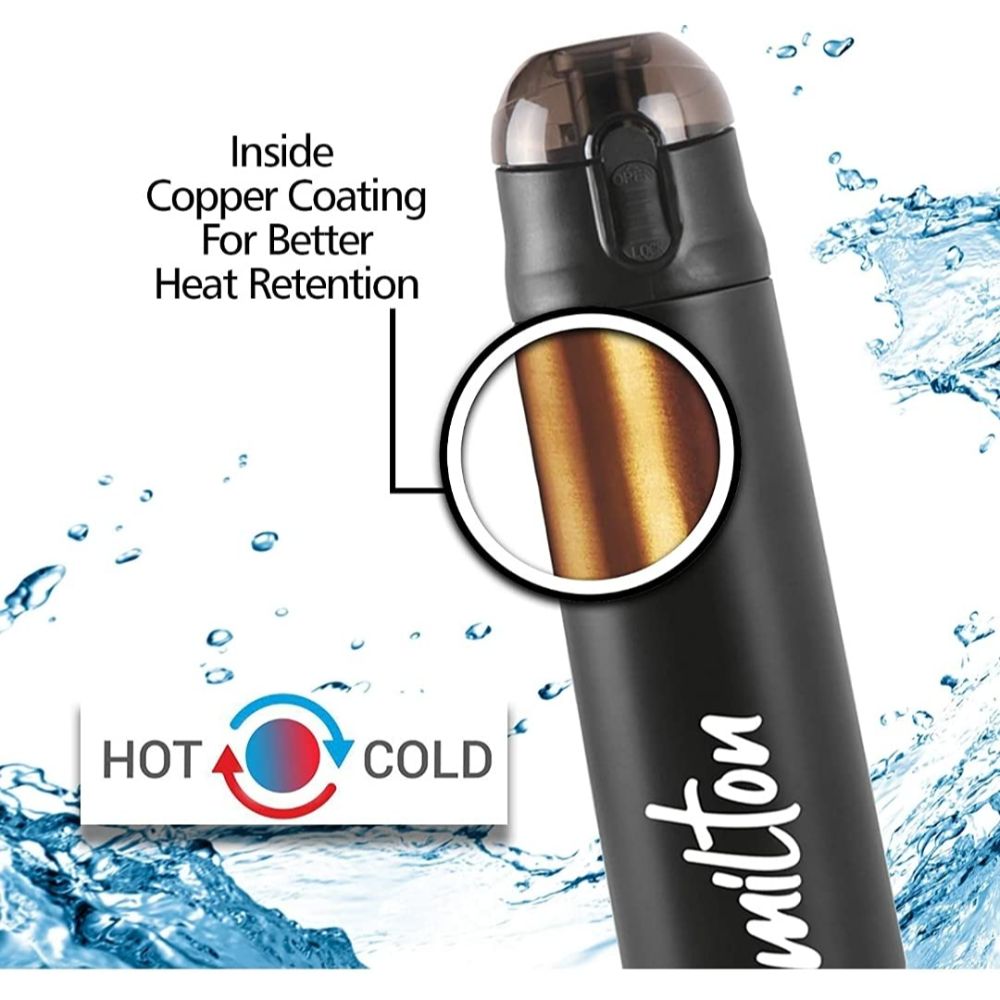 Milton New Crown-600 Thermosteel Hot and Cold Vacuum Insulated Water Bottle, 500 ML, Black