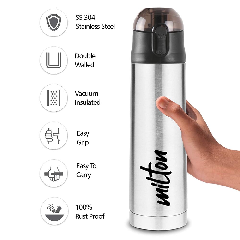 Milton New Crown-600 Thermosteel Hot or Cold Water Bottle, 500 ML, Silver