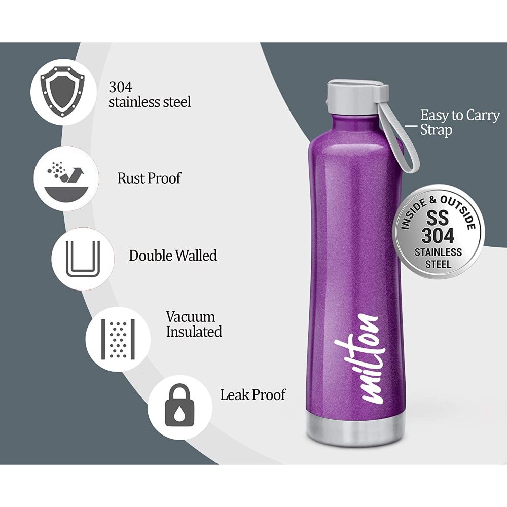Milton Tiara-600 Thermosteel Water Bottle Hot & Cold Vacuum Insulated Flask, 490 ML, Purple