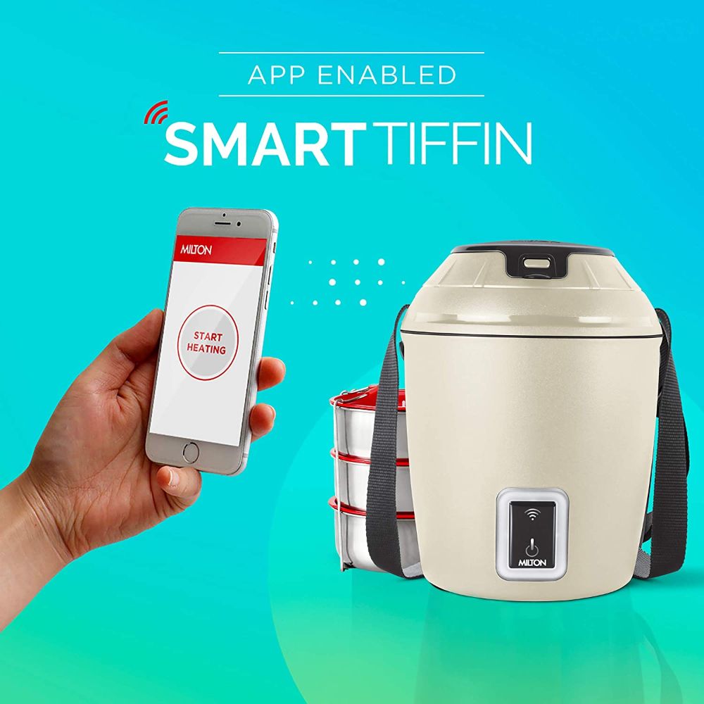 Milton Smart Electric App Enabled Tiffin, Set of 3, 300 ml Each, Beige | No Minimum Distance | Compatible with Alexa and Google Voice Assistants | Heat Scheduler | Heat from anywhere with App