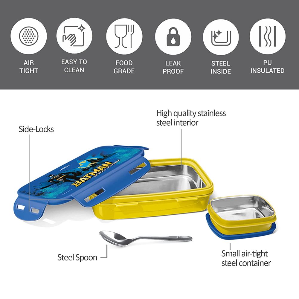Milton Steely Prime Insulated Inner Stainless Steel Big Tiffin Box, 500 ml, with Inner Container, 100 ml and Spoon, Yellow | Food Grade | Easy to Carry | Easy to Clean | Leak Proof | School Lunch Box