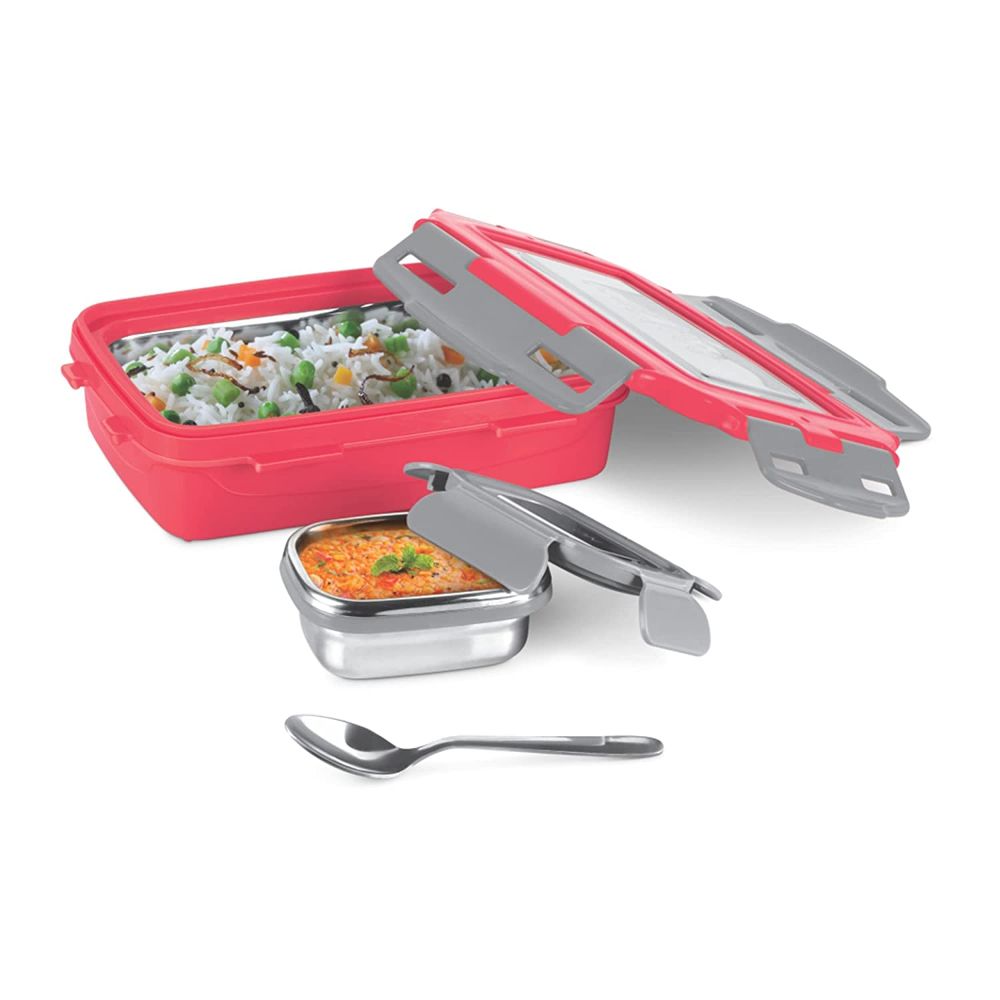 Milton Steely Super Deluxe Insulated Inner Stainless Steel Small Tiffin Box, 400 ml, with Inner Stainless Steel Container, 120 ml and Spoon, Red | Food Grade | Easy to Carry | Easy to Clean