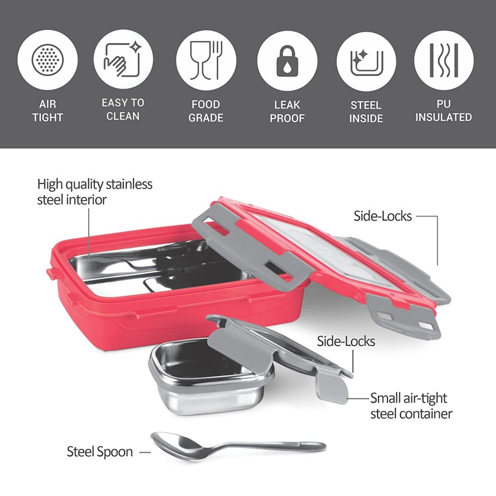 Milton Steely Super Deluxe Insulated Inner Stainless Steel Small Tiffin Box, 400 ml, with Inner Stainless Steel Container, 120 ml and Spoon, Red | Food Grade | Easy to Carry | Easy to Clean