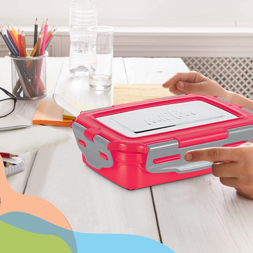 Milton Steely Super Deluxe Insulated Inner Stainless Steel Small Tiffin Box, 400 ml, with Inner Stainless Steel Container, 120 ml and Spoon, Red | Food Grade | Easy to Carry | Easy to Clean