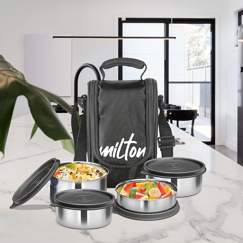 Milton TASTY LUNCH-4 Stainless Steel Lunch Pack With Bag, Black
