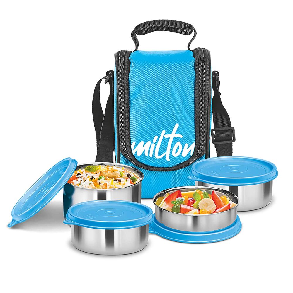 Milton TASTY LUNCH-4 Stainless Steel Lunch Pack With Bag, Cyan
