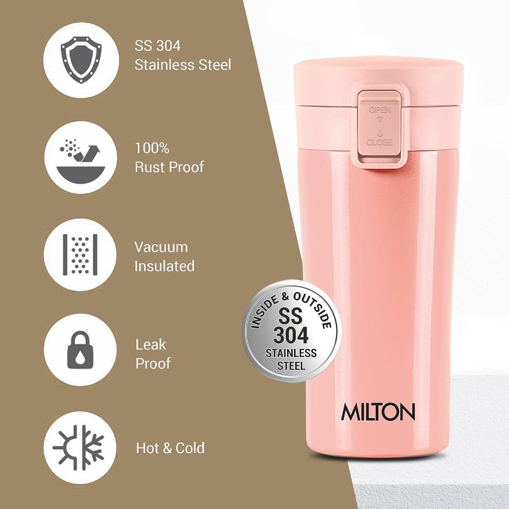 Milton Coffee Mug Thermosteel Hot or Cold Insulated Flask, 350 ml, Peach | Leak Proof | Rust Proof | Tea Mug | Soup Flask | Juice Mug | Water Flask | Easy Grip | Easy to Carry