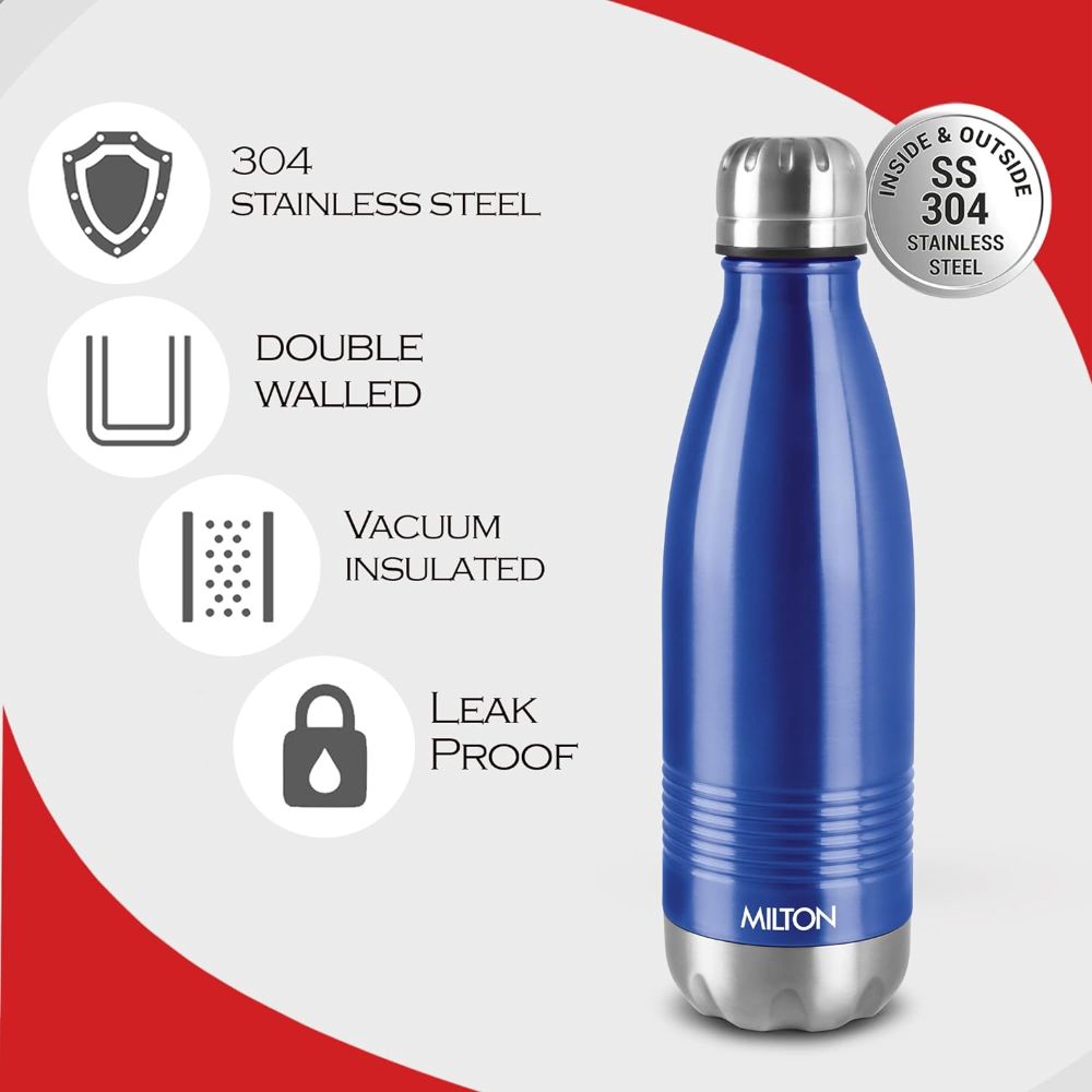 Milton Duo DLX 350 Thermosteel 24 Hours Hot and Cold Water Bottle, 1 Piece, 350 ml, Blue | Leak Proof | Office Bottle | Gym | Home | Kitchen | Hiking | Trekking | Travel Bottle