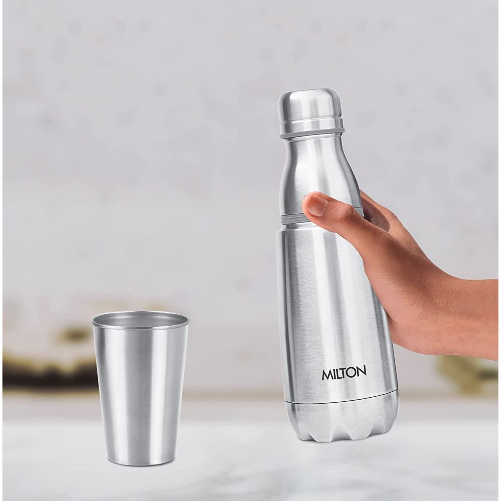 Milton Vertex Steel 500 Thermosteel Hot or Cold Water Bottle with Tumbler, 500 ml, Silver