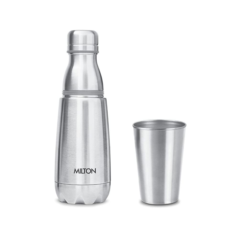 Milton Vertex Steel 500 Thermosteel Hot or Cold Water Bottle with Tumbler, 500 ml, Silver