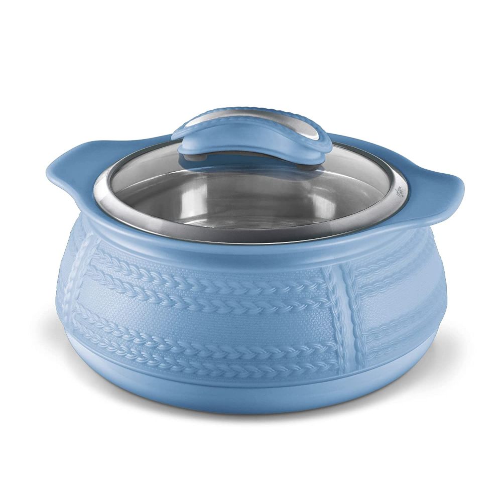 Milton Weave 1000 Insulated Inner Stainless Steel Casserole with Glass Lid, 780 ML, Blue | BPA Free | Food Grade | Easy to Carry | Easy to Store | Ideal For Chapatti | Roti | Curd Maker