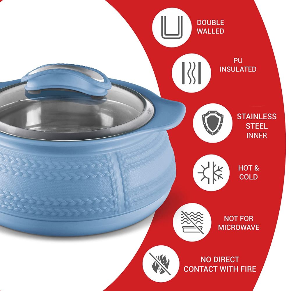 Milton Weave 1000 Insulated Inner Stainless Steel Casserole with Glass Lid, 780 ML, Blue | BPA Free | Food Grade | Easy to Carry | Easy to Store | Ideal For Chapatti | Roti | Curd Maker