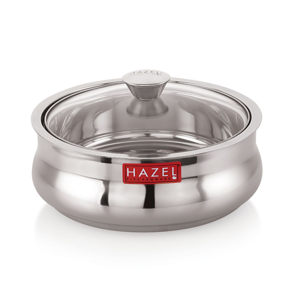 HAZEL Stainless Steel Casserole for Roti With Glass Lid | Chapati Casserole with Transparent Lid | Steel Roti Dabba for Serving | Hotcase for food serving, 800 ML, Silver
