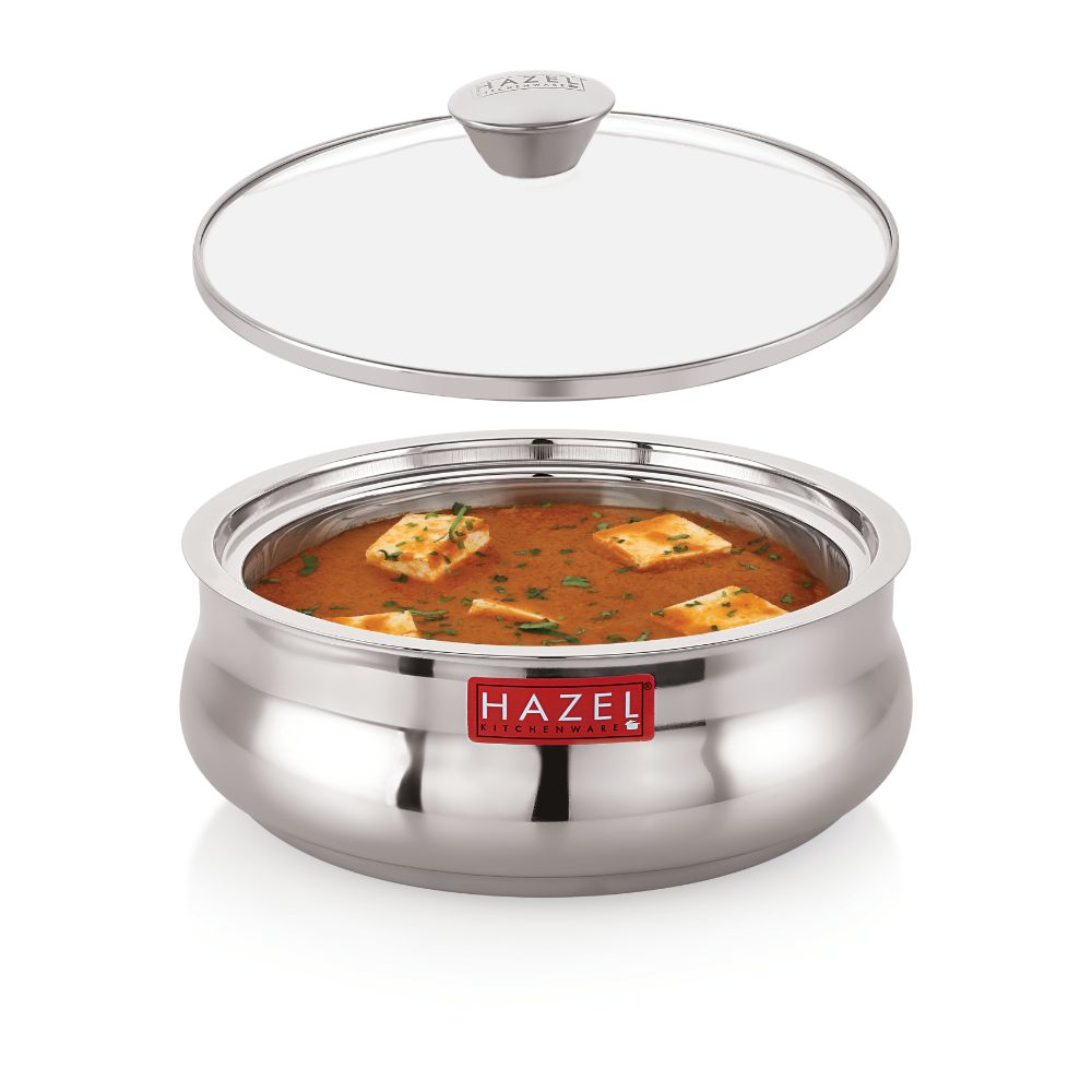 HAZEL Stainless Steel Casserole for Roti With Glass Lid | Chapati Casserole with Transparent Lid | Steel Roti Dabba for Serving | Hotcase for food serving, 800 ML, Silver