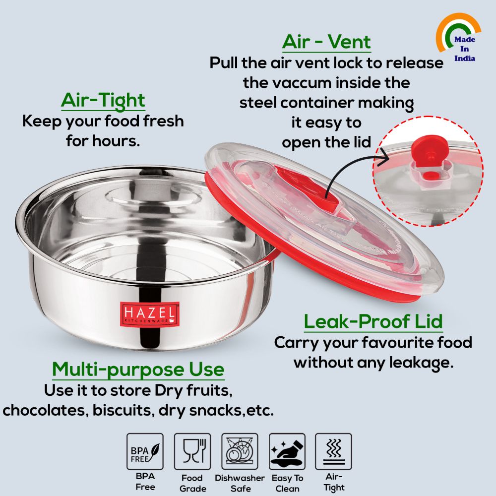 HAZEL Airtight Steel Container with Transparent Lid | Steel Storage Containers for Kitchen | Stainless Steel Lunch Box with Air Vent Lid | Steel Dabba | Leak Proof Steel Box Stainless Steel, 550 ML