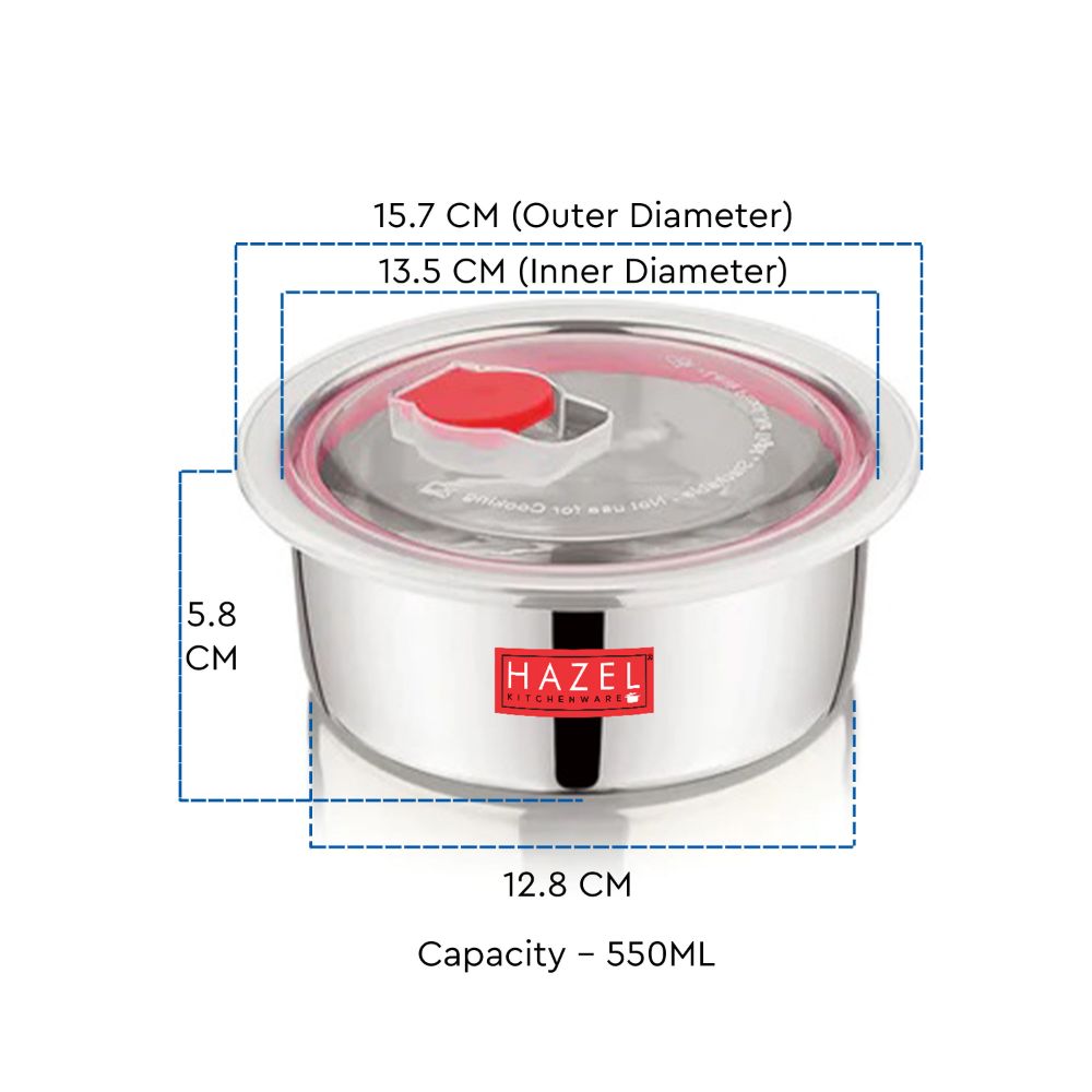 HAZEL Airtight Steel Container with Transparent Lid | Steel Storage Containers for Kitchen | Stainless Steel Lunch Box with Air Vent Lid | Steel Dabba | Leak Proof Steel Box Stainless Steel, 550 ML