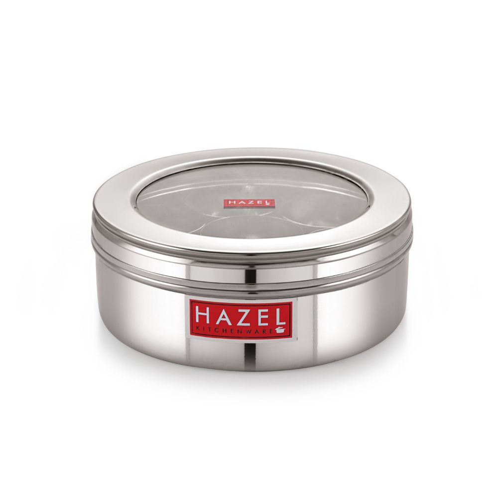 HAZEL Masala Box with 7 Wati & Small Spoon with Transparent Lid | Airtight Container for Masala