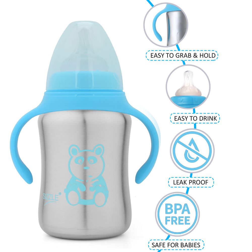Sizzle Stainless Steel Baby Feeding Bottle With Plastic BPA Free Cap and Handle, Blue, 240 ML