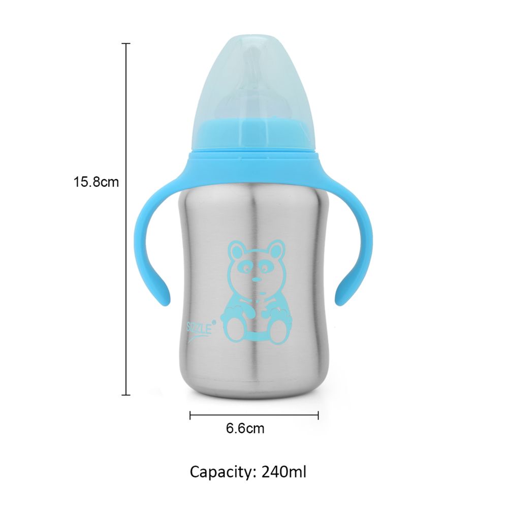 Sizzle Stainless Steel Baby Feeding Bottle With Plastic BPA Free Cap and Handle, Blue, 240 ML