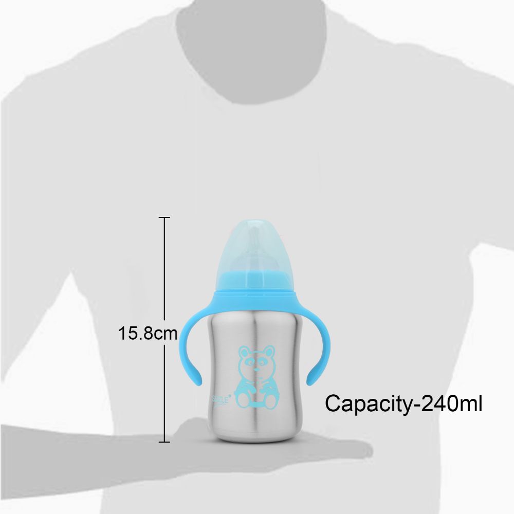 Sizzle Stainless Steel Baby Feeding Bottle With Plastic BPA Free Cap and Handle, Blue, 240 ML