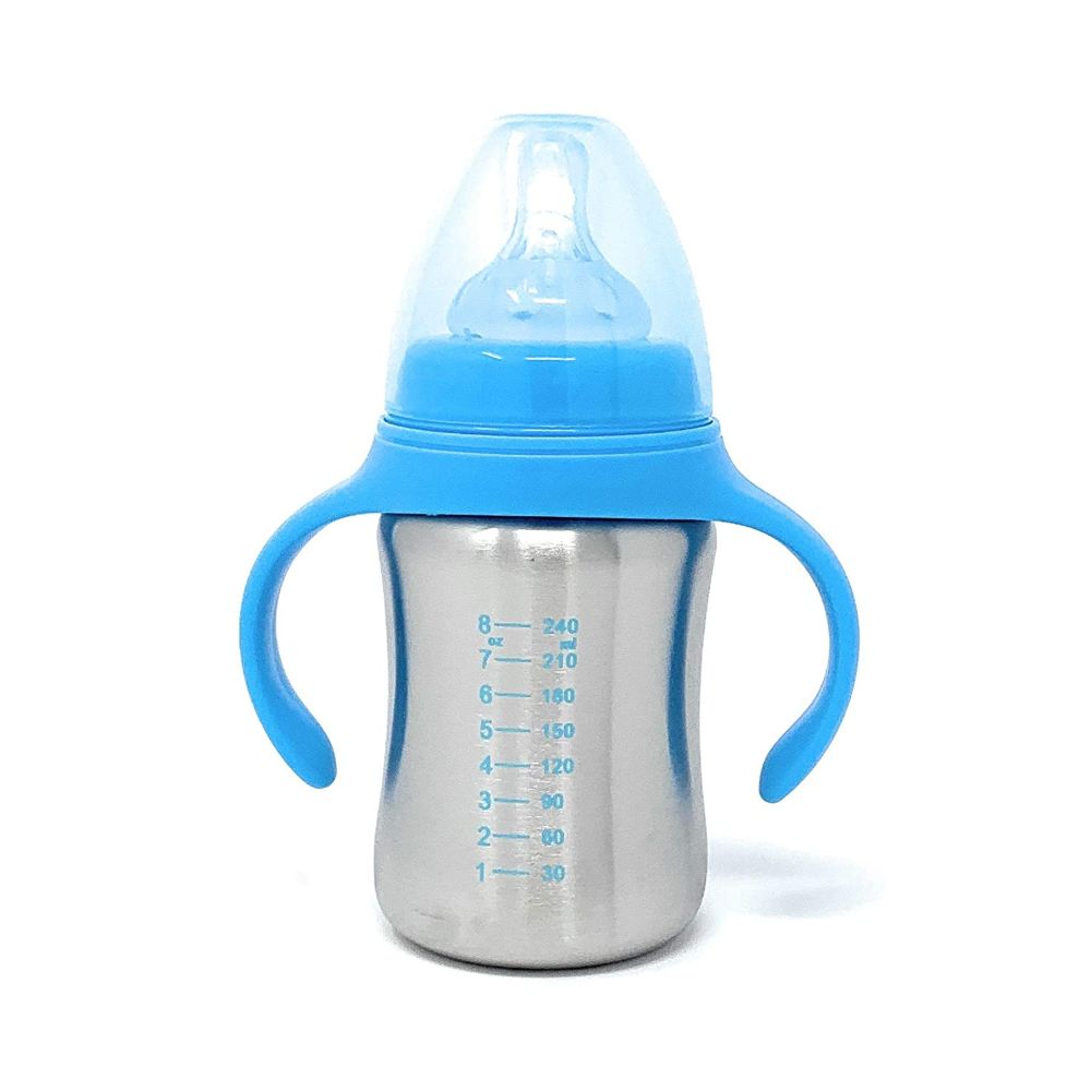 Sizzle Stainless Steel Baby Feeding Bottle With Plastic BPA Free Cap and Handle, Blue, 240 ML