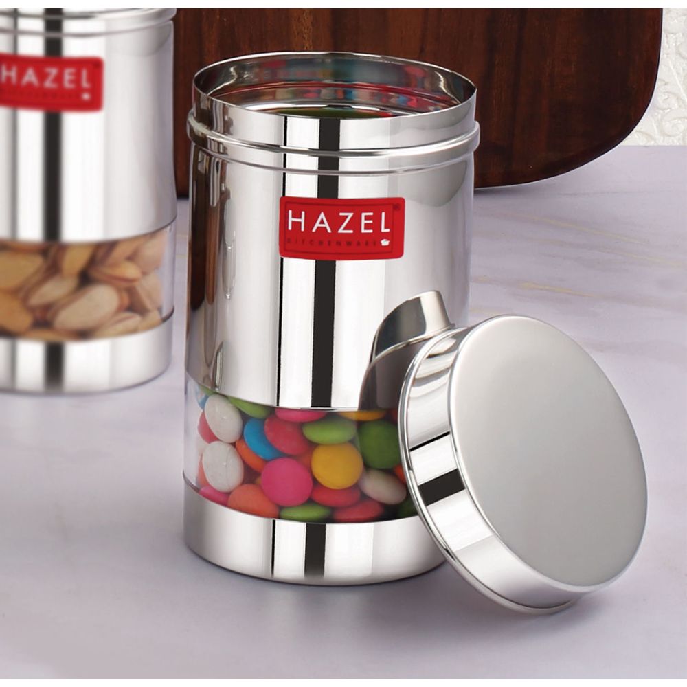 HAZEL Air Tight Container for Storage Containers for Kitchen | Stainless steel See Through Container for Kitchen Container | Fridge Storage Canister | Snacks Storage Container Airtight, 400 ML, Silver