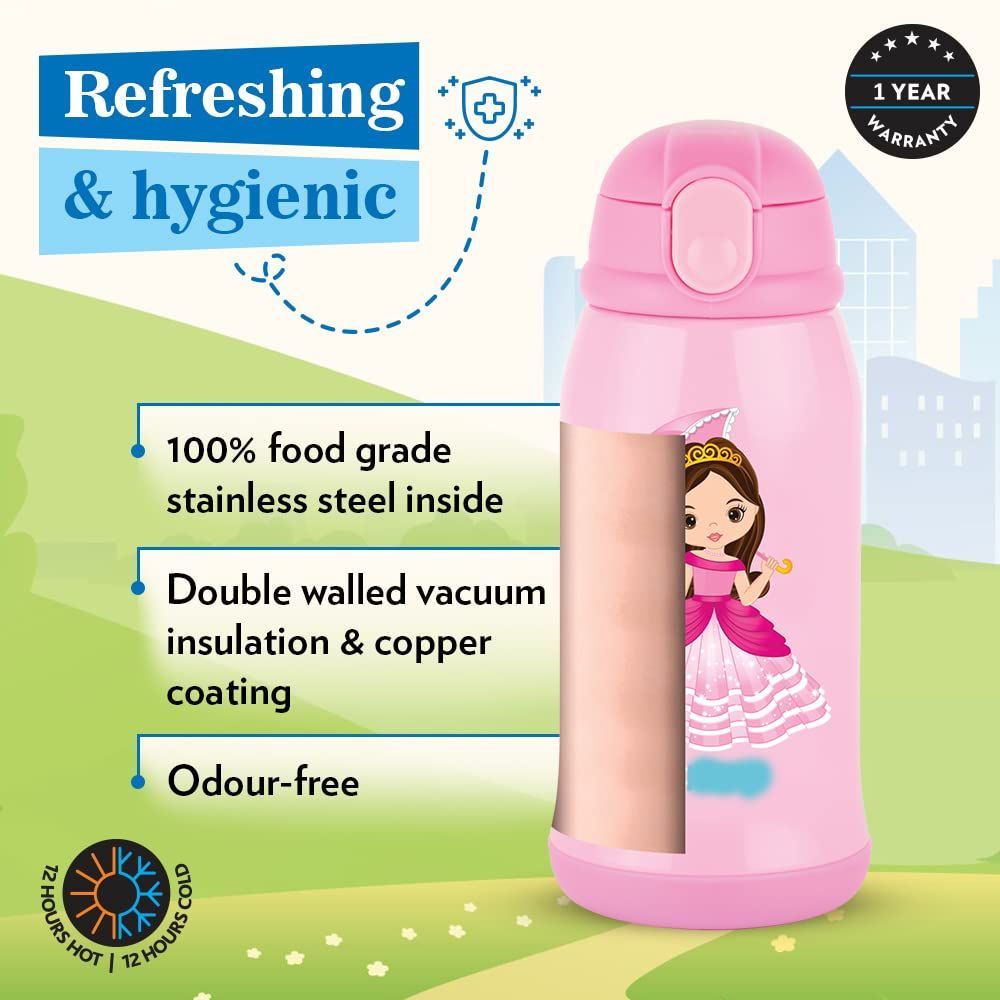 Borosil Princess Stainless Steel Water Bottle for Kids, Insulated Double Wall Vacuum, Hot & Cold Water Bottle for Children, 500 ml, Pink