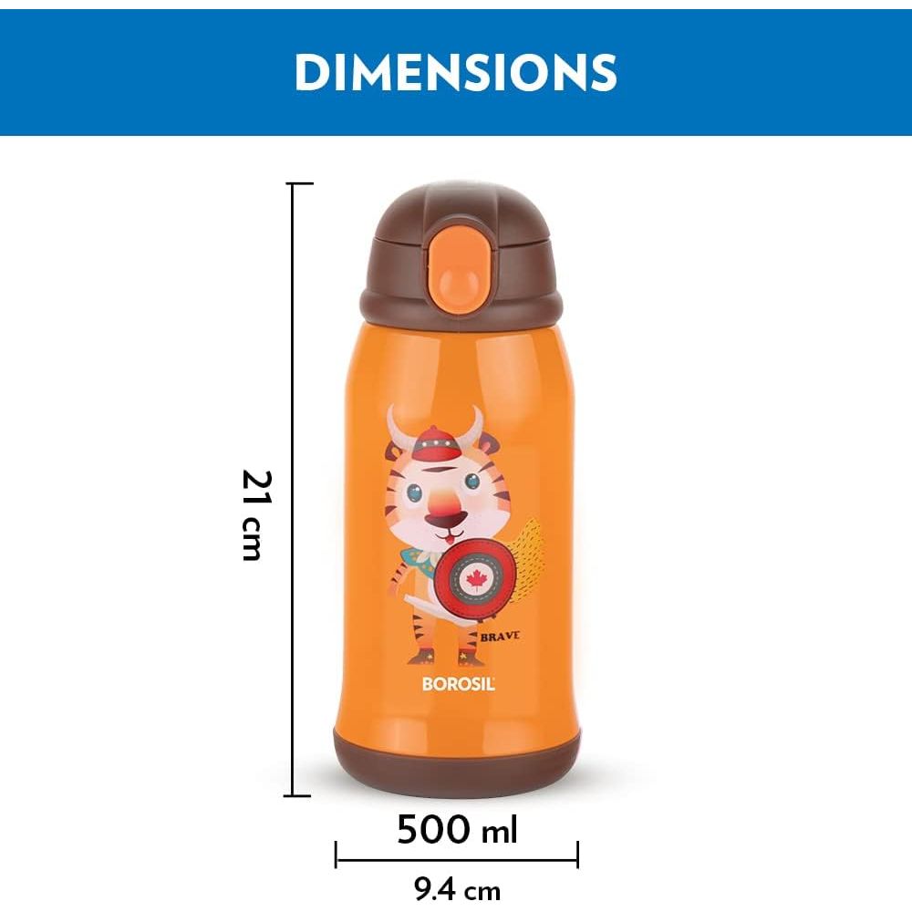 Borosil Tigry Stainless Steel Water Bottle for Kids, Insulated Double Wall Vacuum, Hot & Cold Water Bottle for Children, 500 ml, Orange