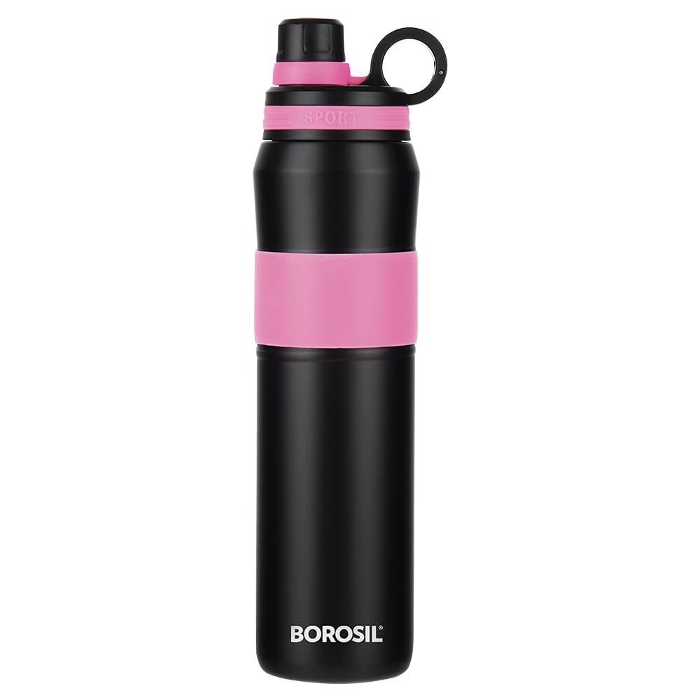 Borosil Hydra Thirst Burst Fuchsia Water Bottle, Stainless Steel Water Bottles, Vacuum Insulated Flask Bottles, 800 ml, Black & Pink