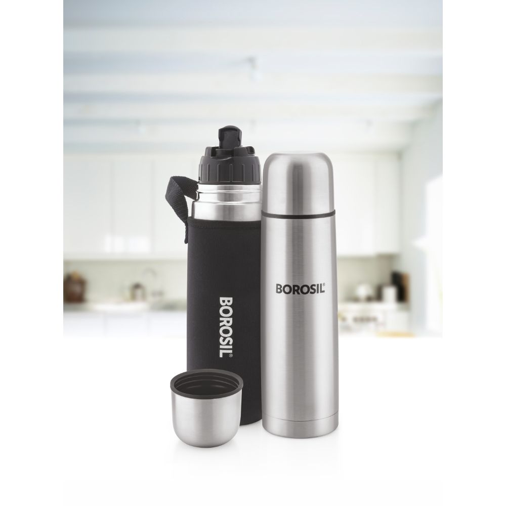 Borosil Hydra Thermo Stainless Steel Vacuum Insulated Flask Water Bottle, 500 ML, Black