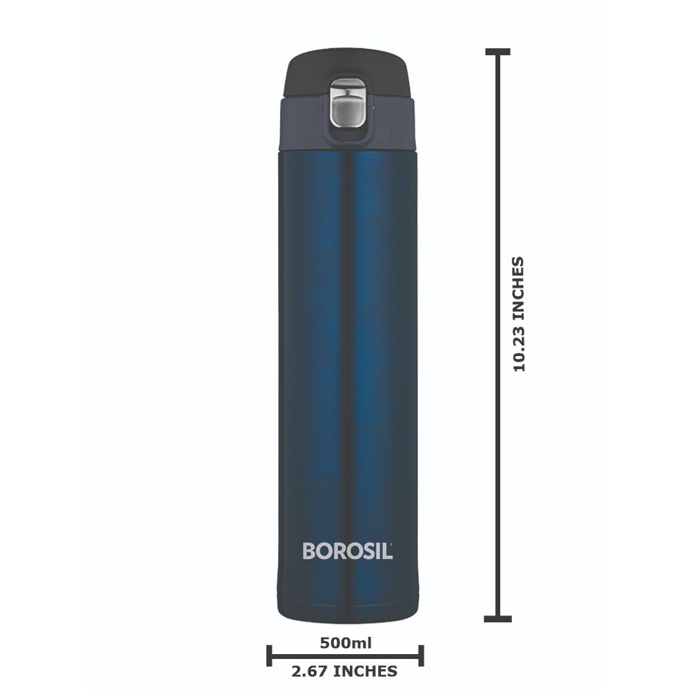 Borosil Hydra Nova Stainless Steel Vacuum Insulated Flask Water Bottle, 500 ML, Blue