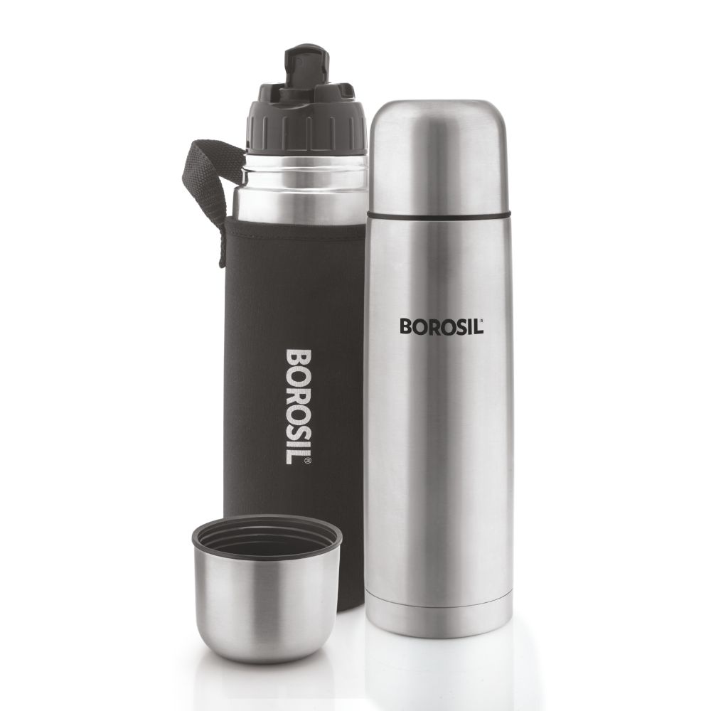 Borosil Hydra Thermo Stainless Steel Vacuum Insulated Flask Water Bottle, 1000 ML, Black
