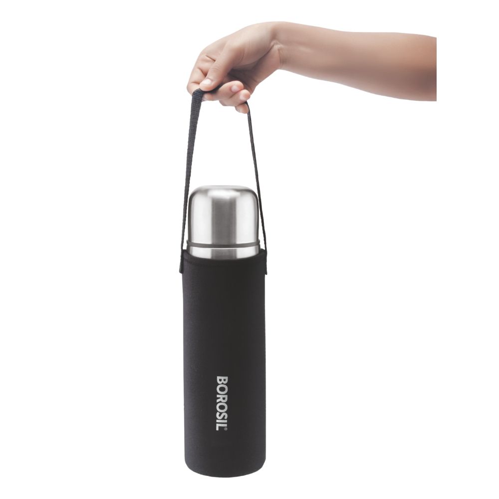 Borosil Hydra Thermo Stainless Steel Vacuum Insulated Flask Water Bottle, 1000 ML, Black