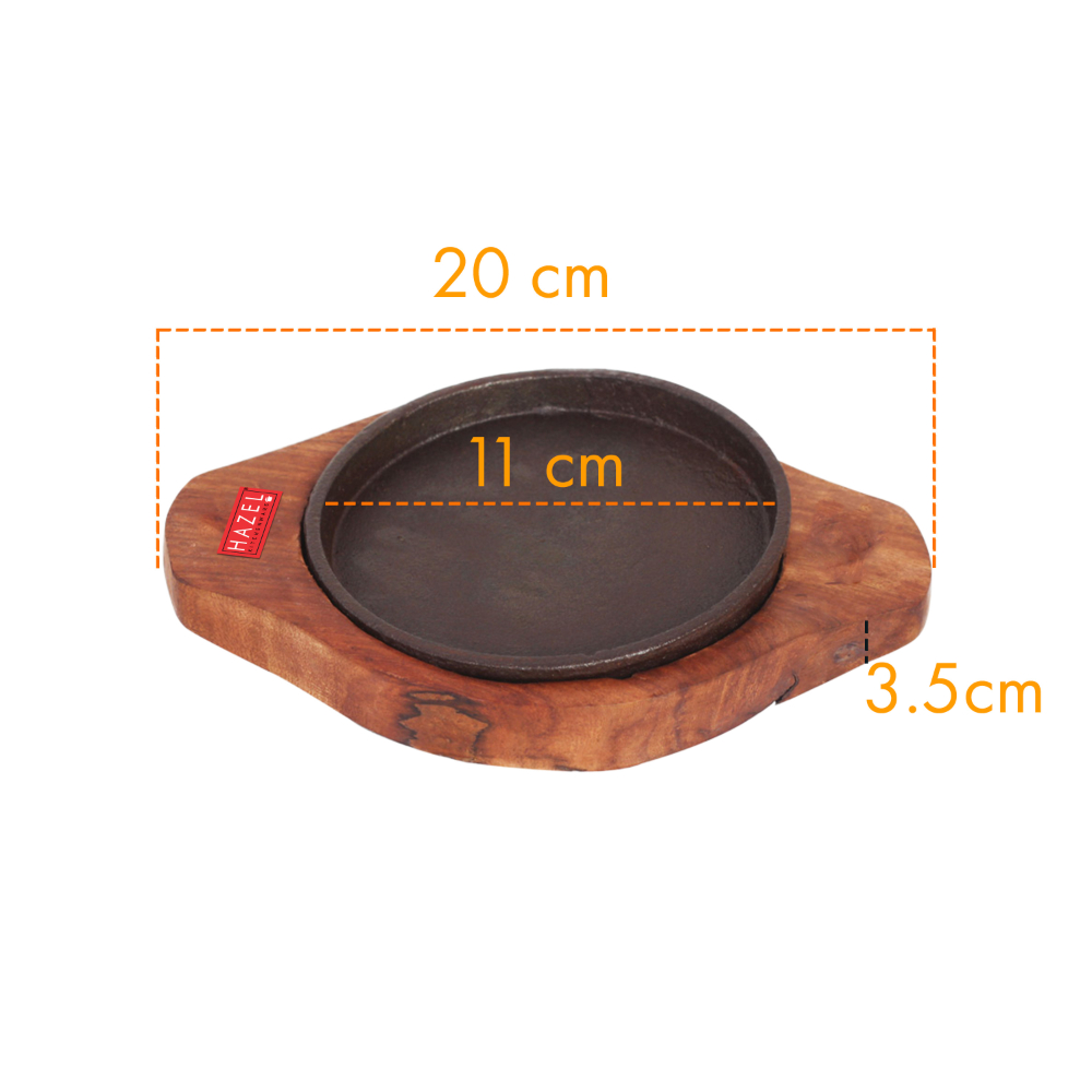 HAZEL Sizzling Brownie Sizzler Plate / Tray with Wodden Base Round 5 inch