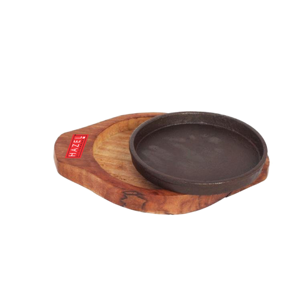 HAZEL Sizzling Brownie Sizzler Plate / Tray with Wodden Base Round 6 inch