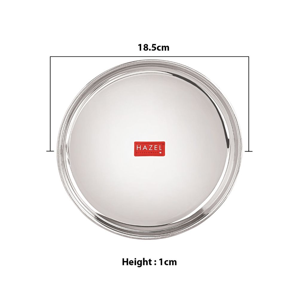 HAZEL Stainless Steel Thali Plates With Mirror Finish | Serveware Tableware Snacks Plates Set for Kitchen Storage Friendly | Steel Kids plate with Glossy finish | Serving Plate Set of 1, 18.5 cm