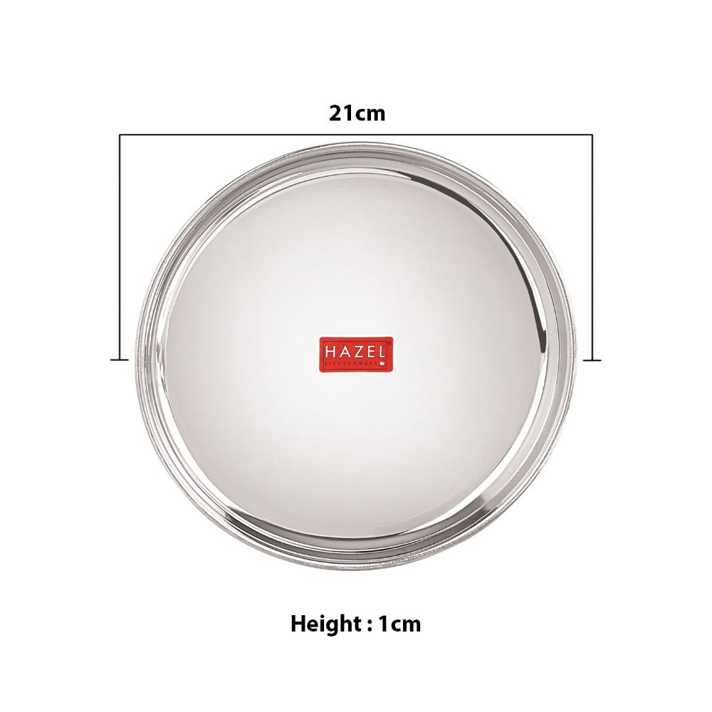HAZEL Stainless Steel Serving Plate with Glossy Finish | Thali plates For Kitchen | Serveware Snacks Plates for Kids | Breakfast Plates Set of 1, 21 cm