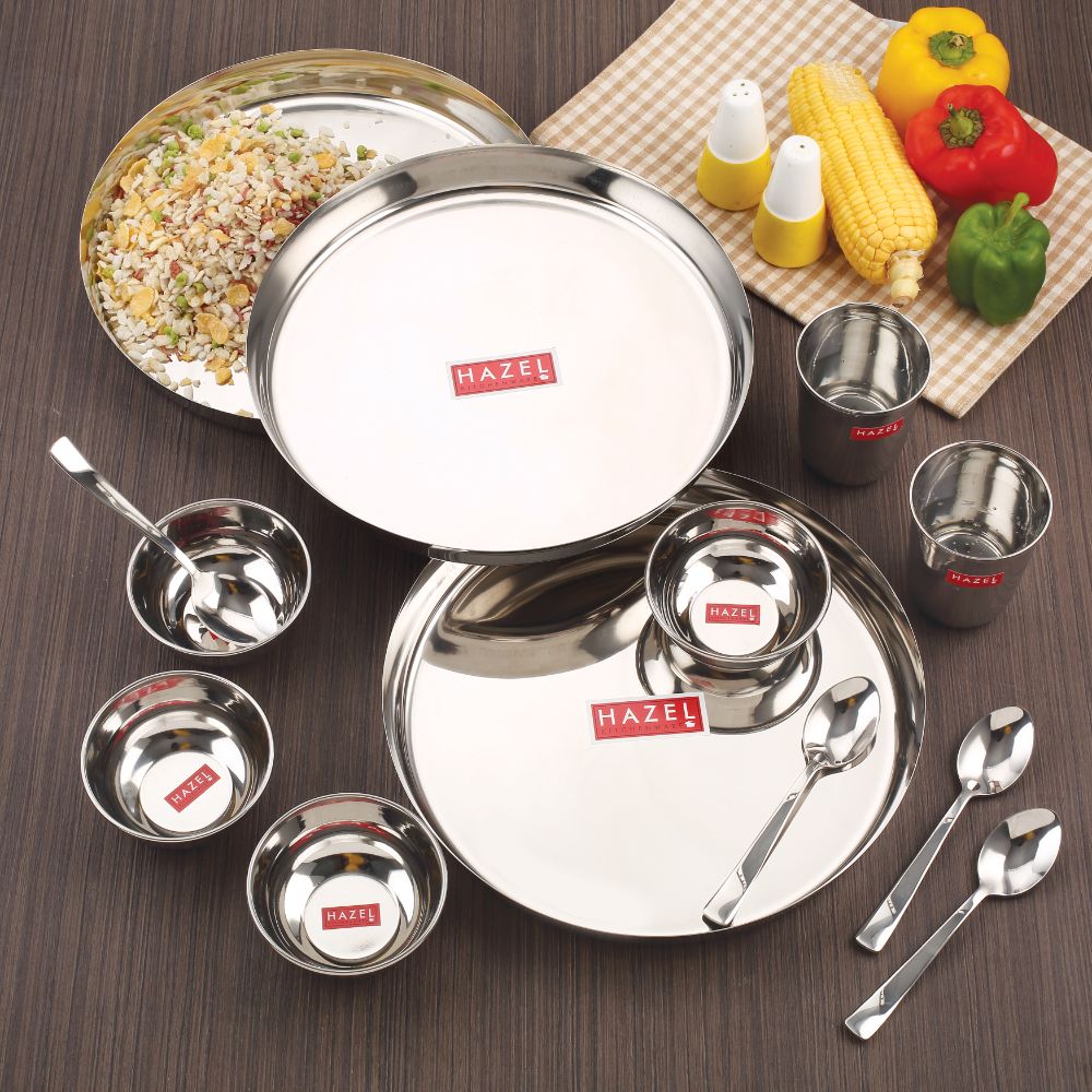 HAZEL Stainless Steel Dinner Set Of 6 | Dinner Set Steel (1 Steel Plate, 1 Steel Glass, 2 Bowl, 1 Spoon, 1 Dessert Plate) 6 Pieces, Silver