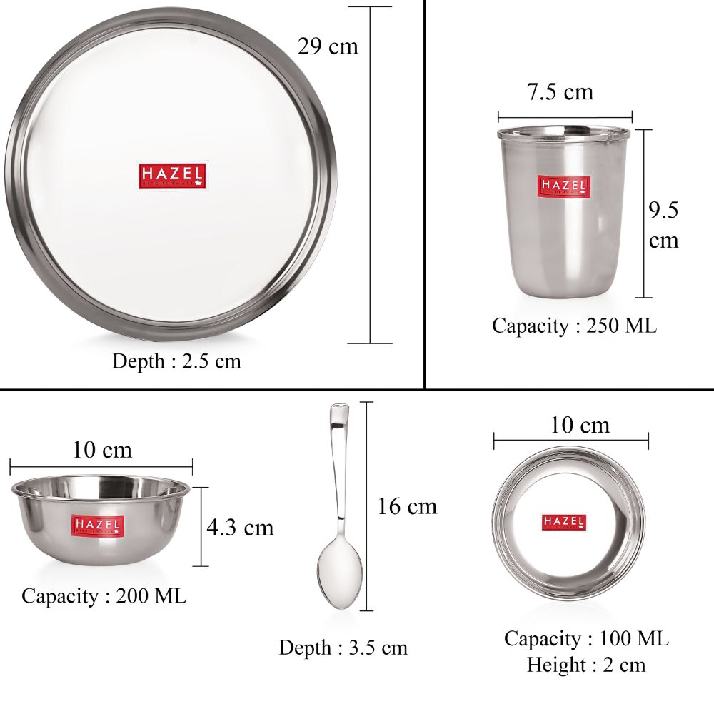 HAZEL Stainless Steel Dinner Set Of 6 | Dinner Set Steel (1 Steel Plate, 1 Steel Glass, 2 Bowl, 1 Spoon, 1 Dessert Plate) 6 Pieces, Silver