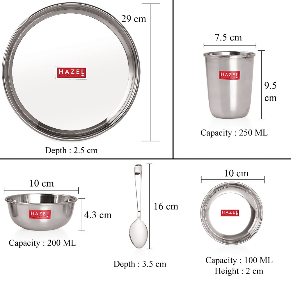 HAZEL Stainless Steel Dinner Set Of 6 | Dinner Set Steel (1 Steel Plate, 1 Steel Glass, 2 Bowl, 1 Dessert Plate, 1 Spoon) 6 Pieces, Silver