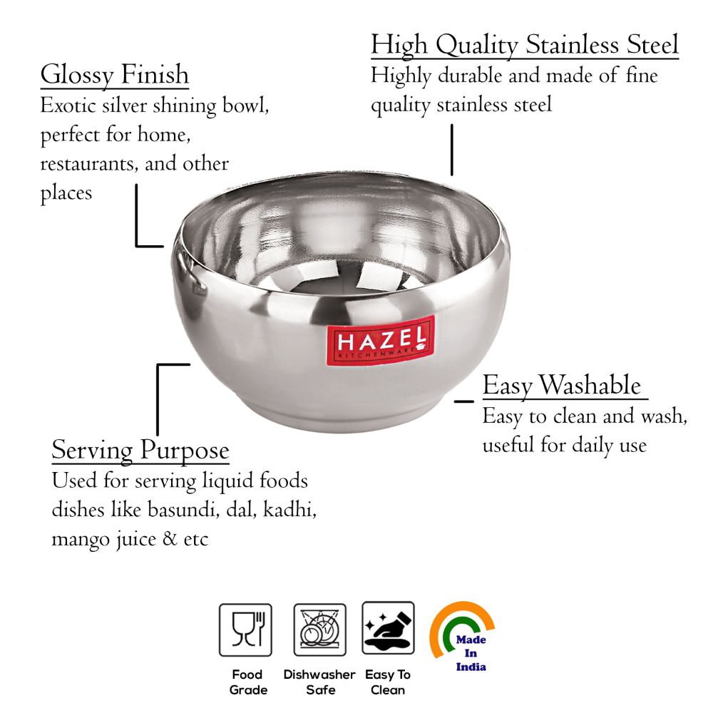 HAZEL Stainless Steel Serving Bowl | Bowl for Dessert, Cereal, Smoothie | Steel Katori for Serving | 200 ml, Silver