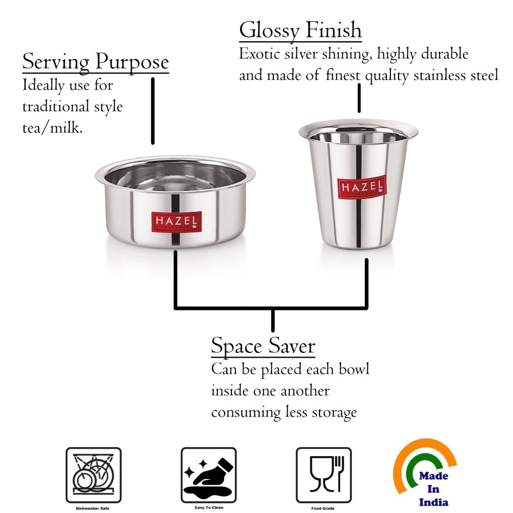 HAZEL Stainless Steel Mini Tumbler Milk Tea Coffee South Indian Traditional Serving Dabara Glasses Set, Silver