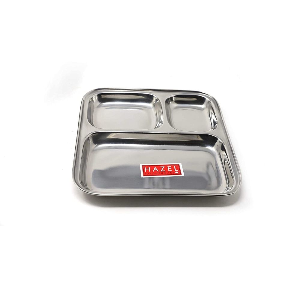 HAZEL Stainless Steel Compartment Plate |Pav Bhaji Plates for Restaurant | 3 in 1 Mess Plate Steel | Steel Bhojan Thali for Event, Party| 25 cm