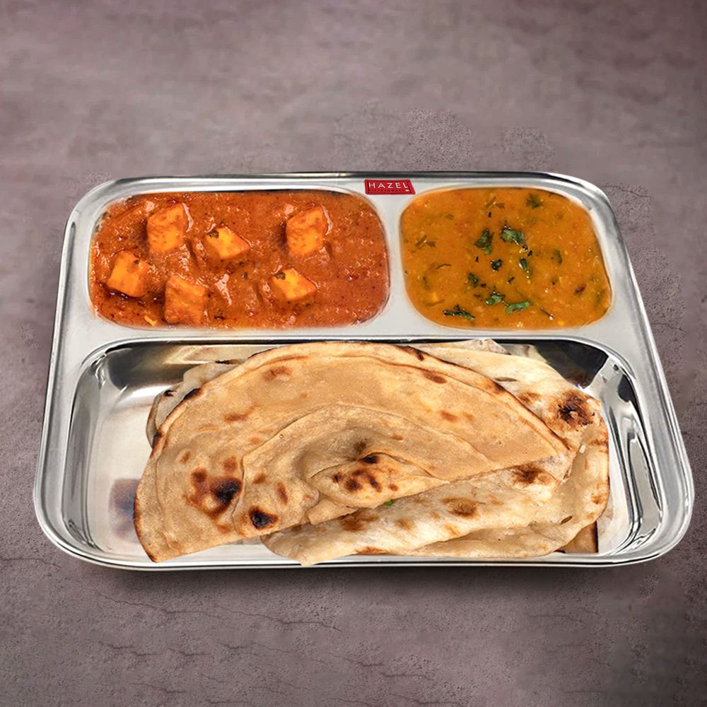 HAZEL Stainless Steel Compartment Plate |Pav Bhaji Plates for Restaurant | 3 in 1 Mess Plate Steel | Steel Bhojan Thali for Event, Party| 25 cm