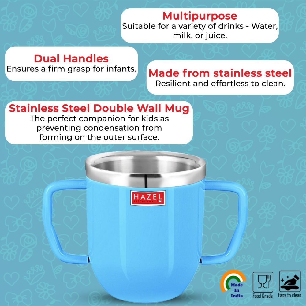 HAZEL Stainless Steel Double Handle Baby Mug, 250 ML, Blue