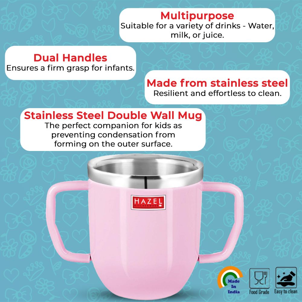 HAZEL Stainless Steel Double Handle Baby Mug, 250 ML, Pink
